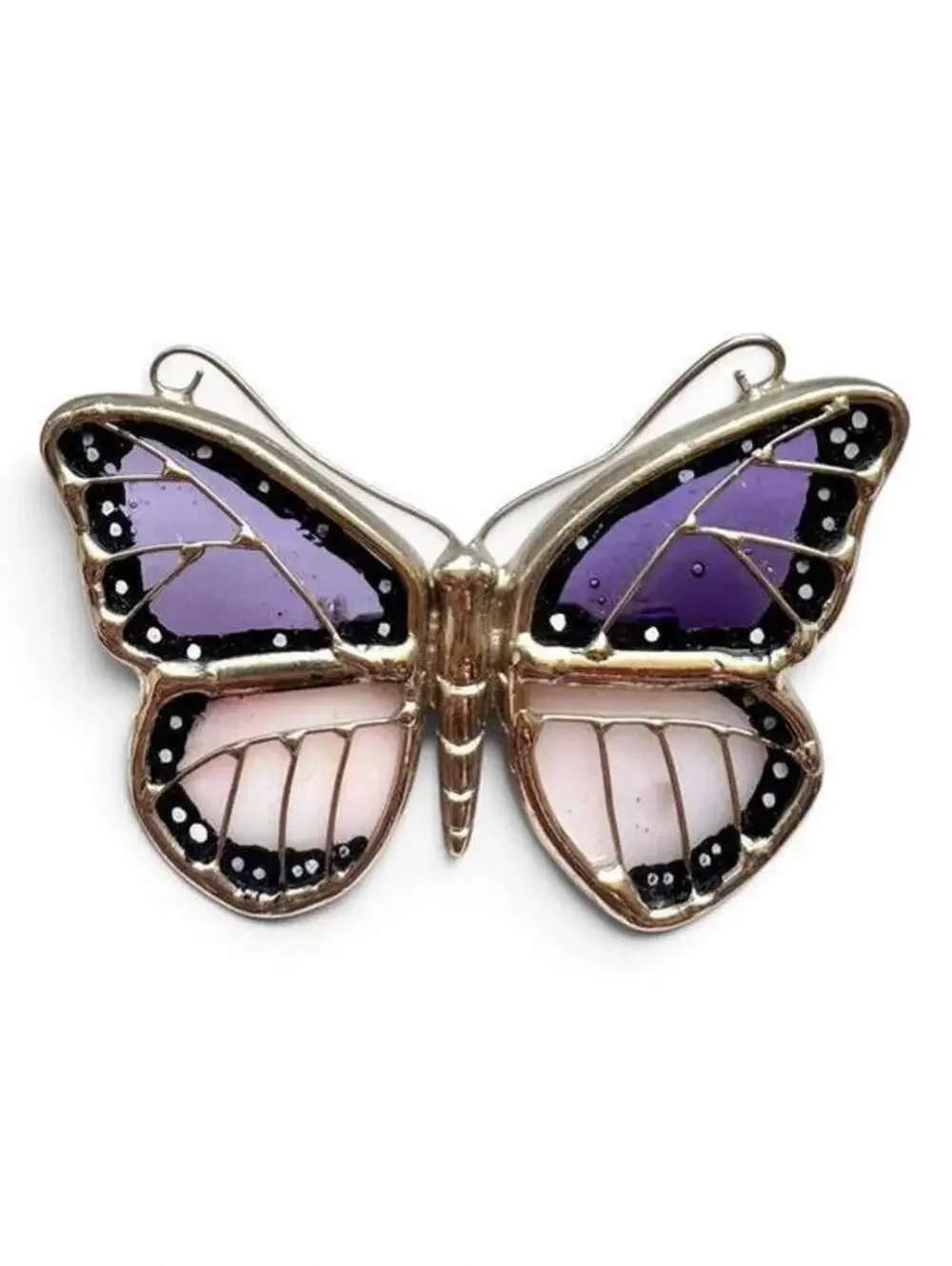 VTG 1980s Stained Glass Look Butterfly Brooch Pin Purple Pink Silver Tone Wing